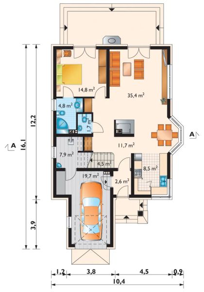 Projekt domu Hortensja Polo (1250) - rzut parteru, dom liczy 4 pokoje, 3 łazienki i wc