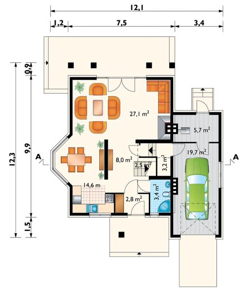 Projekt domu Mlecz (495) - rzut parteru, dom liczy 3 pokoje, 3 łazienki i wc