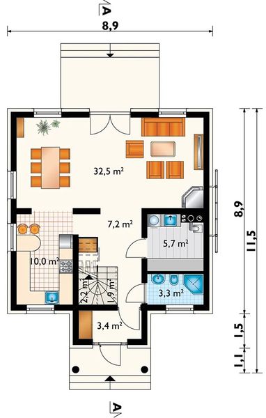 Projekt domu Staś (1487) - rzut parteru, dom liczy 3 pokoje, 2 łazienki i wc