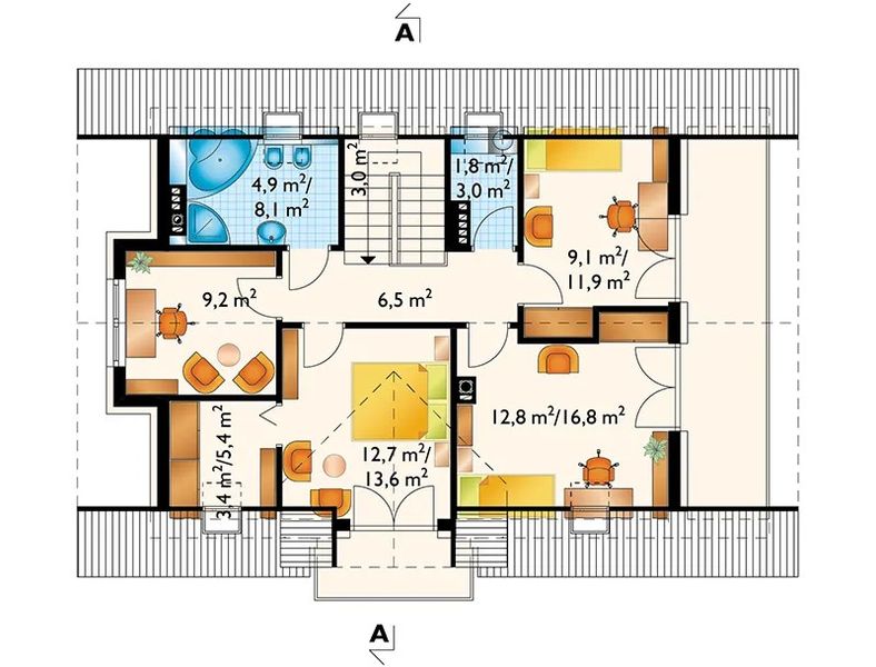 Projekt domu Widokówka Stok (1237) - rzut poddasza, dom liczy 6 pokoje, 3 łazienki i wc