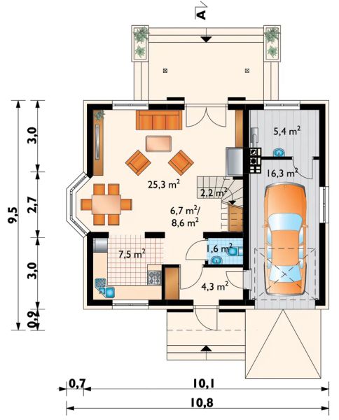 Projekt domu Zofia Prima (1245) - rzut parteru, dom liczy 4 pokoje, 3 łazienki i wc