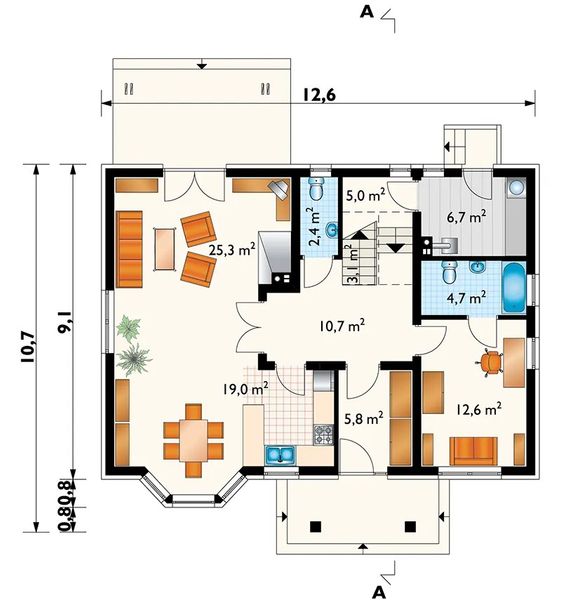 Projekt domu Zosia (736) - rzut parteru, dom liczy 5 pokoje, 3 łazienki i wc