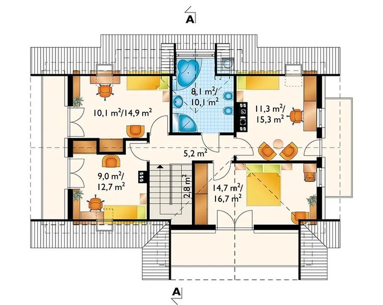 Projekt domu Wodnik As (1262) - rzut poddasza, dom liczy 4 pokoje, 1 łazienki i wc