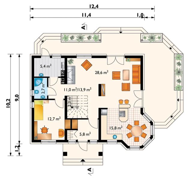 Projekt domu Maryla (1342) - rzut parteru, dom liczy 5 pokoje, 2 łazienki i wc