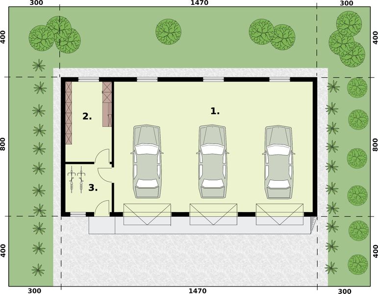 Parter projektu G250 garaż trzystanowiskowy z pomieszczeniami gospodarczymi