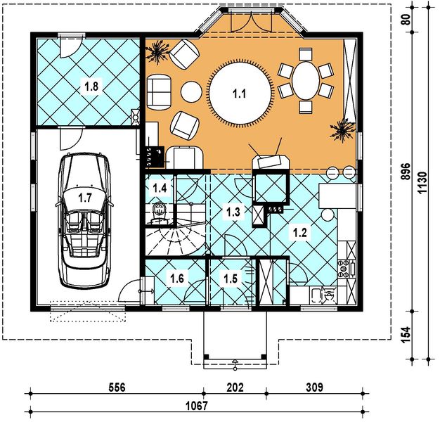 Projekt domu L-17 Dom poznańska - szkieletowy - rzut parteru, dom liczy 4 pokoje, 2 łazienki i wc