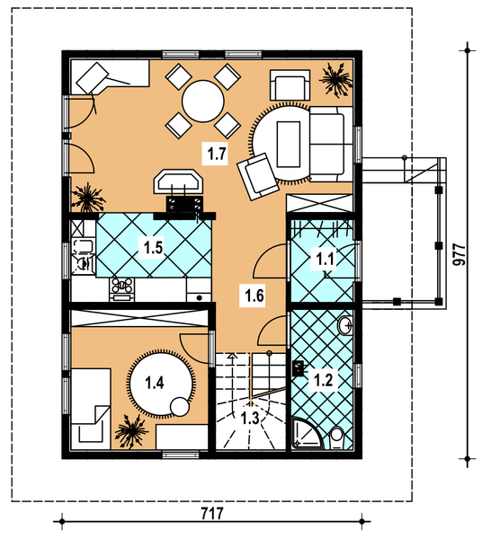 Projekt domu L-29 Dom kwiatowa - z bali - rzut parteru, dom liczy 3 pokoje, 2 łazienki i wc