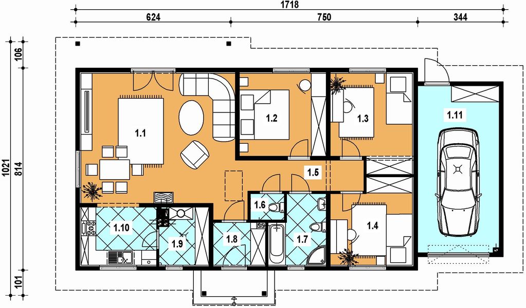 Projekt domu A-108 Dom chmielowa - z bali - rzut parteru, dom liczy 3 pokoje, 2 łazienki i wc