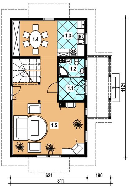 Projekt domu L-35 Dom różana - szkieletowy - rzut parteru, dom liczy 3 pokoje, 2 łazienki i wc