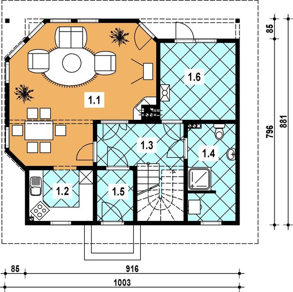 Projekt domu L-37 Dom ustrońska - szkieletowy - rzut parteru, dom liczy 3 pokoje, 2 łazienki i wc