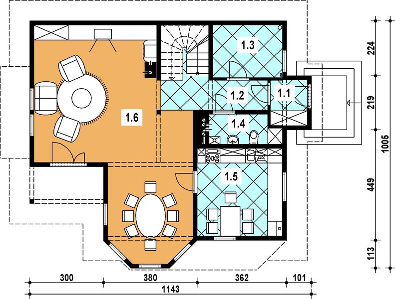 Projekt domu L-41 Dom rogowa - szkieletowy - rzut parteru, dom liczy 3 pokoje, 2 łazienki i wc
