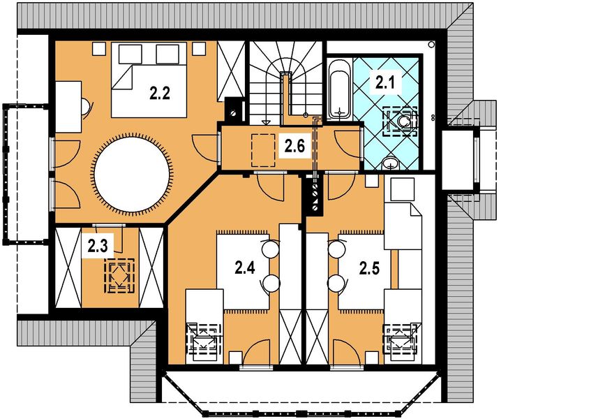 Projekt domu L-41 Dom rogowa - szkieletowy - rzut poddasza, dom liczy 3 pokoje, 2 łazienki i wc