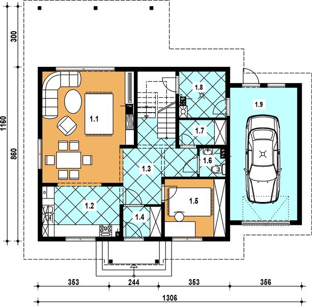 Projekt domu L-91 Dom cyprysowa - z bali - rzut parteru, dom liczy 4 pokoje, 2 łazienki i wc