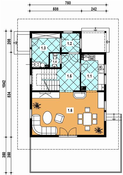 Projekt domu A-100 Dom słodka - z bali - rzut parteru, dom liczy 3 pokoje, 2 łazienki i wc