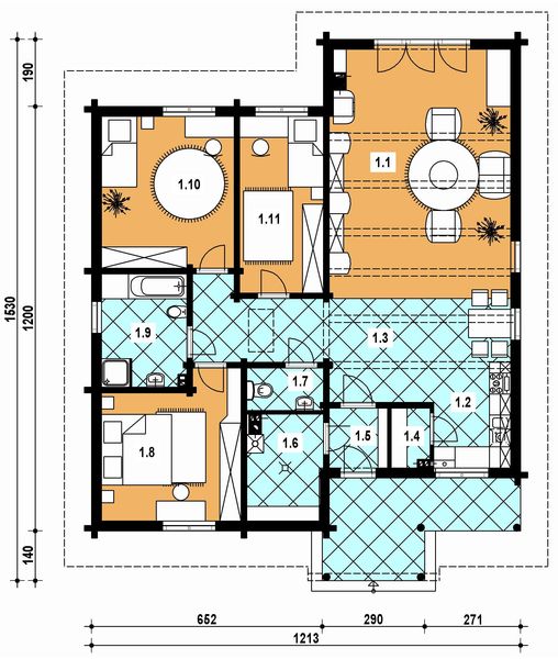 Projekt domu A-104 Dom poziomkowa - z bali - rzut parteru, dom liczy 3 pokoje, 2 łazienki i wc