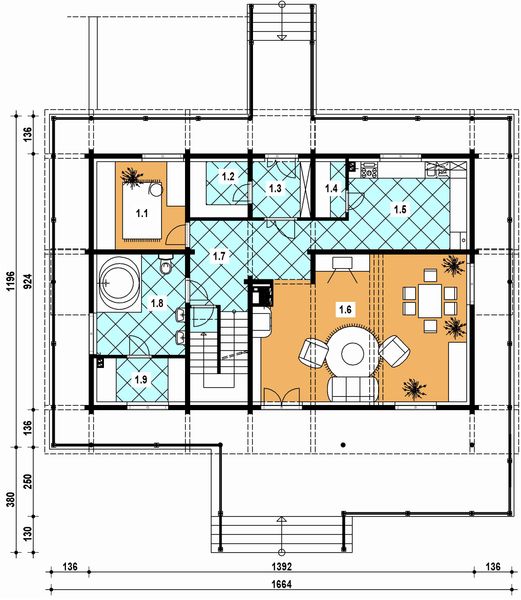 Projekt domu A-111 Dom spadowa - z bali - rzut parteru, dom liczy 4 pokoje, 2 łazienki i wc