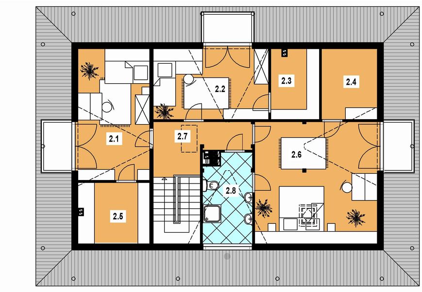 Projekt domu A-111 Dom spadowa - z bali - rzut poddasza, dom liczy 4 pokoje, 2 łazienki i wc