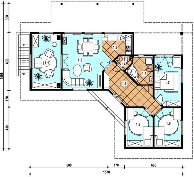Projekt domu A-113 Dom olchowa - z bali - rzut parteru, dom liczy 4 pokoje, 2 łazienki i wc