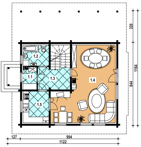 Projekt domu L-33 Dom lublińska - z bali - rzut parteru, dom liczy 3 pokoje, 2 łazienki i wc