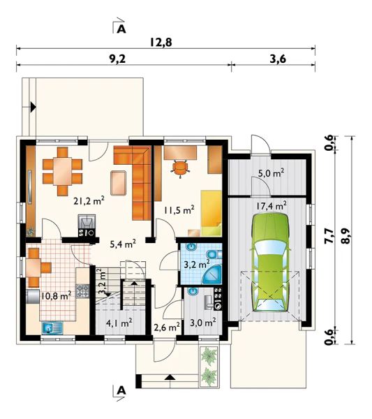 Projekt domu Ewa Neo (1375) - rzut parteru, dom liczy 4 pokoje, 2 łazienki i wc