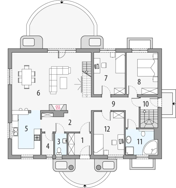 Projekt domu Sielanka 1a0gp - rzut parteru, dom liczy 5 pokoje, 3 łazienki i wc