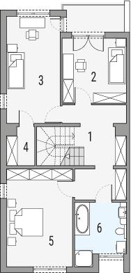 Projekt domu Imbir - segment lewy - rzut 1 piętra, dom liczy 5 pokoje, 3 łazienki i wc