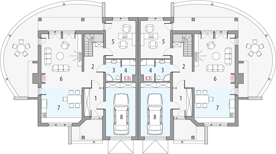 Projekt domu Rodzynek 2A - bliźniak LLL - rzut parteru, dom liczy 5 pokoje, 2 łazienki i wc