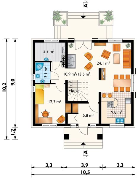 Projekt domu Hilda Rex (1385) - rzut parteru, dom liczy 5 pokoje, 2 łazienki i wc