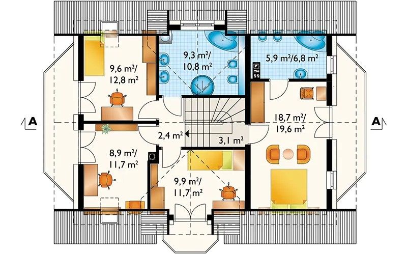 Projekt domu Zofia Mini Eko (1395) - rzut poddasza, dom liczy 4 pokoje, 4 łazienki i wc