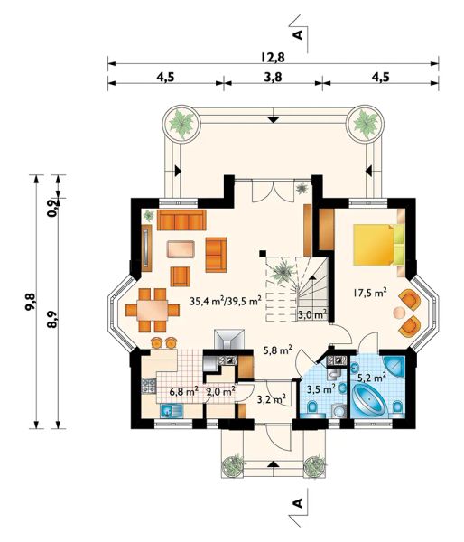 Projekt domu Tytus (1287) - rzut parteru, dom liczy 6 pokoje, 2 łazienki i wc