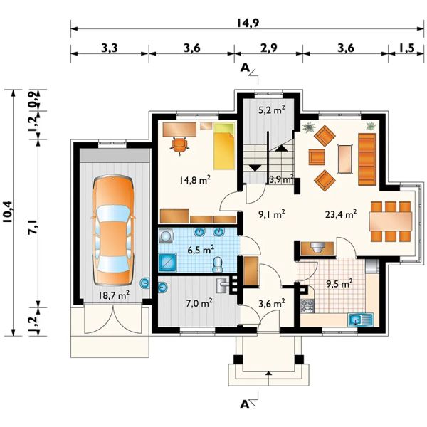 Projekt domu Kowalik (375) - rzut parteru, dom liczy 5 pokoje, 2 łazienki i wc