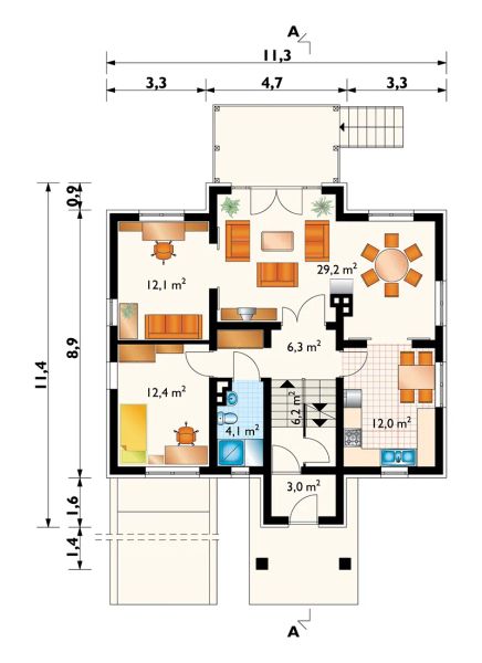 Projekt domu Mak (439) - rzut parteru, dom liczy 6 pokoje, 3 łazienki i wc