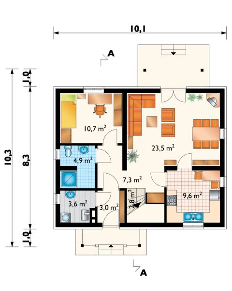 Projekt domu Smolik (626) - rzut parteru, dom liczy 4 pokoje, 2 łazienki i wc