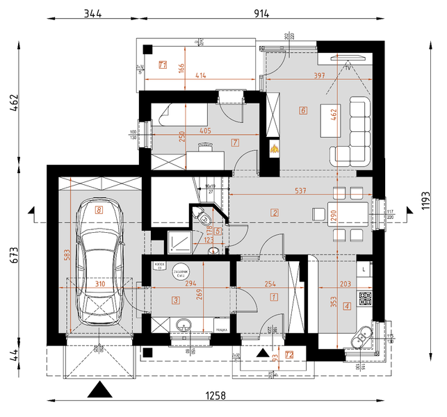 Projekt domu D118A - rzut parteru, dom liczy 5 pokoje, 2 łazienki i wc