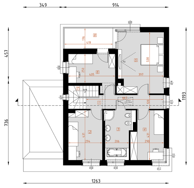 Projekt domu D118A - rzut 1 piętra, dom liczy 5 pokoje, 2 łazienki i wc