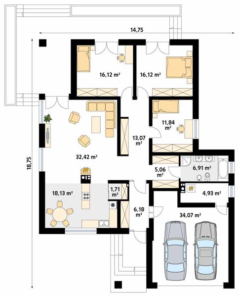 Projekt domu As 4 - rzut parteru, dom liczy 3 pokoje, 1 łazienki i wc