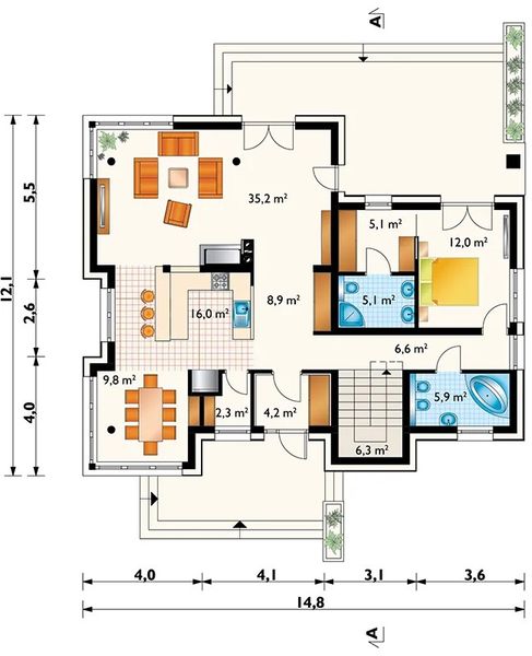 Projekt domu Helios Stok (1443) - rzut parteru, dom liczy 5 pokoje, 4 łazienki i wc