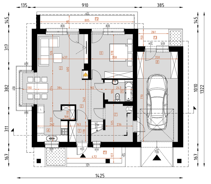 Projekt domu D156A - rzut parteru, dom liczy 4 pokoje, 3 łazienki i wc