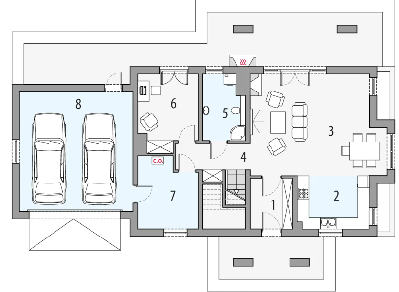 Projekt domu Aston 2d - rzut parteru, dom liczy 4 pokoje, 2 łazienki i wc