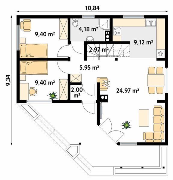 Projekt domu Szyper 4 dr-S - rzut parteru, dom liczy 3 pokoje, 1 łazienki i wc