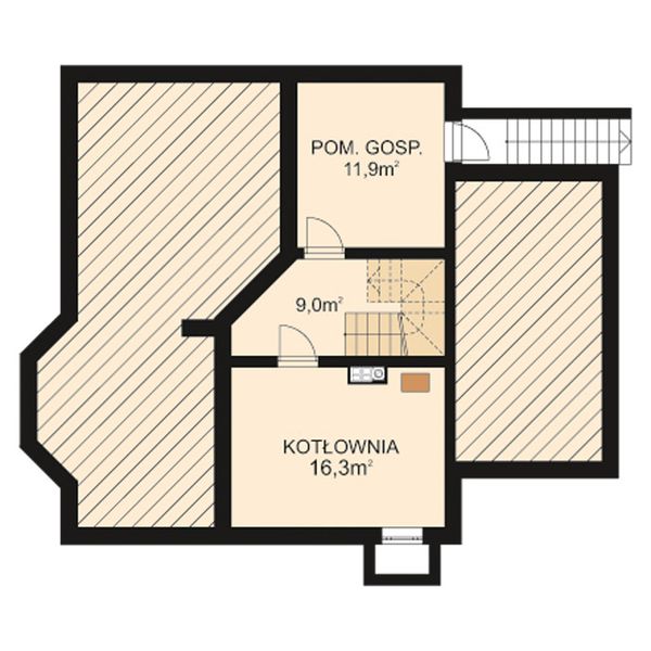 Projekt domu APS 034 - rzut piwnicy, dom liczy 4 pokoje, 3 łazienki i wc