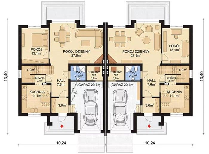 Projekt domu APS 215 dwulokalowy - rzut parteru, dom liczy 4 pokoje, 2 łazienki i wc