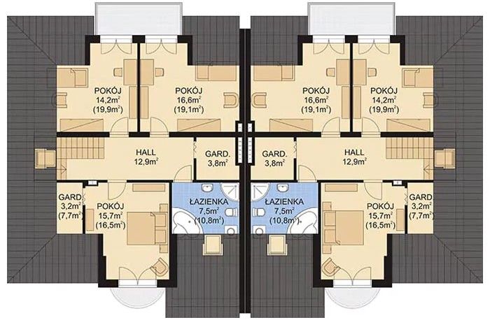 Projekt domu APS 215 dwulokalowy - rzut poddasza, dom liczy 4 pokoje, 2 łazienki i wc