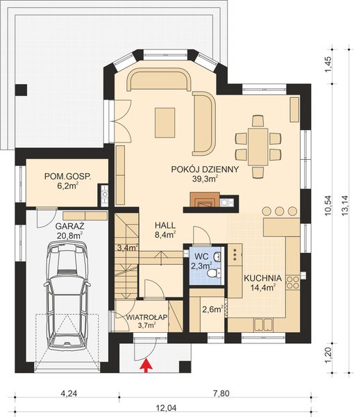 Projekt domu APS 040 + P - rzut parteru, dom liczy 3 pokoje, 3 łazienki i wc