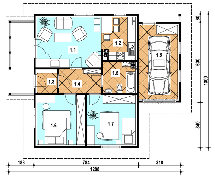Parter projektu A-126 Dom liliowa z bali