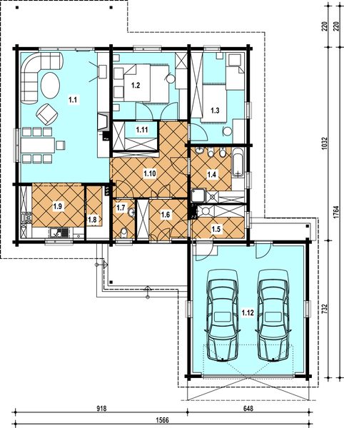 Projekt domu A-128 Dom katowicka - z bali - rzut parteru, dom liczy 2 pokoje, 2 łazienki i wc