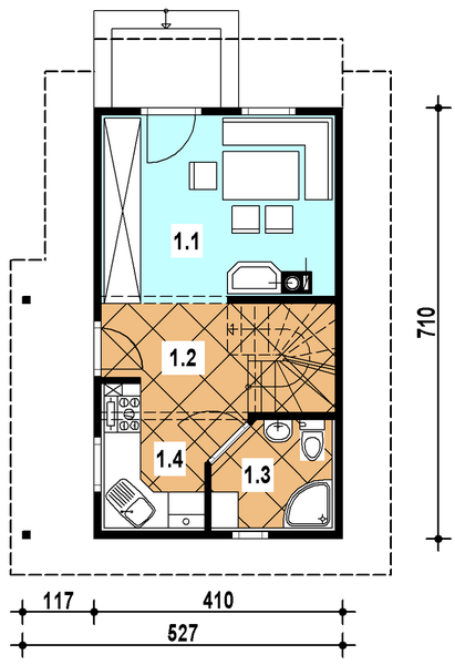 Parter projektu A-125 Dom bukowa szkieletowy