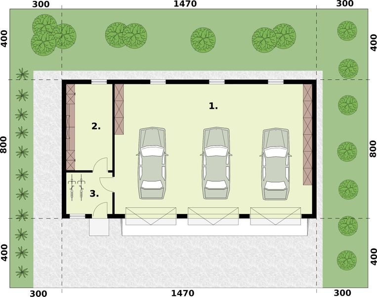 Parter projektu G38 garaż trzystanowiskowy z pomieszczeniami gospodarczymi