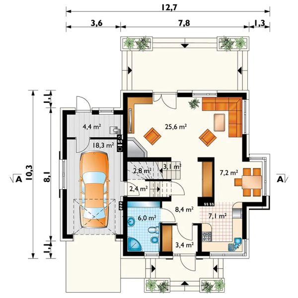 Projekt domu Koliba Astro (1423) - rzut parteru, dom liczy 4 pokoje, 2 łazienki i wc