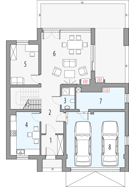 Projekt domu Alamo c - rzut parteru, dom liczy 4 pokoje, 2 łazienki i wc